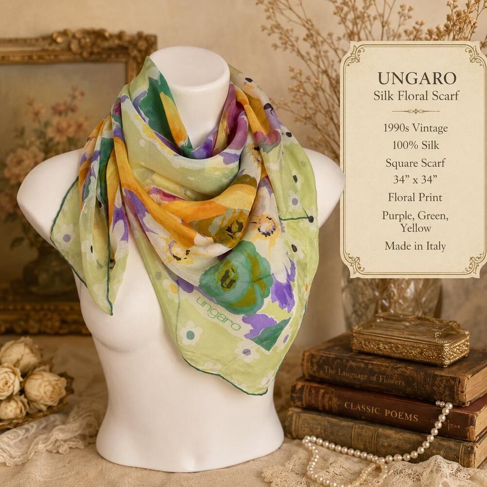 Vintage Ungaro Silk Floral Scarf 1990s Purple Green Yellow Square 34x34